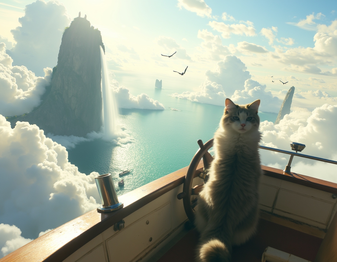 Cat captains a floating pirate ship that navigates between massive cloud-islands. Waterfalls spill over island edges, and mysterious winged creatures soar among the clouds, creating a thrilling, airborne fantasy voyage.